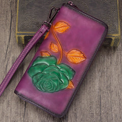 Vintage Rose Flower Green Leather Wristlet Wallet Womens Rose Zip Around Wallets Flower Ladies Zipper Clutch Wallet for Women