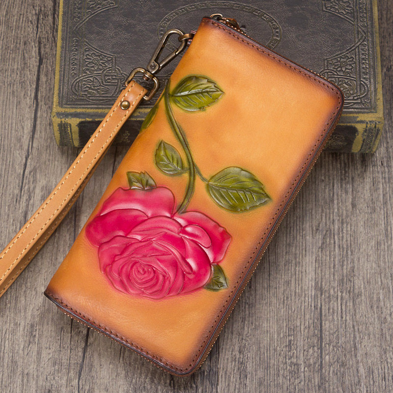 Vintage Rose Flower Tan Leather Wristlet Wallet Womens Rose Zip Around Wallets Flower Ladies Zipper Clutch Wallet for Women