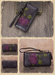 Vintage Rose Flower Green Leather Wristlet Wallet Womens Rose Zip Around Wallets Flower Ladies Zipper Clutch Wallet for Women