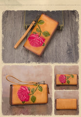 Vintage Rose Flower Green Leather Wristlet Wallet Womens Rose Zip Around Wallets Flower Ladies Zipper Clutch Wallet for Women