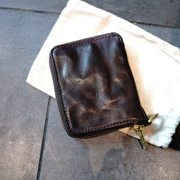 Vintage Small Coffee Leather Zip Wallet Billfold - Back View