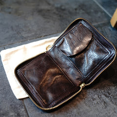 Vintage Small Coffee Leather Zip Wallet Billfold Womens Zip Around Wallets Ladies Zipper Wallet for Women