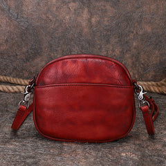 Vintage Small Leather Womens Round Red Shoulder Bag Handmade Around Crossbody Purse for Ladies