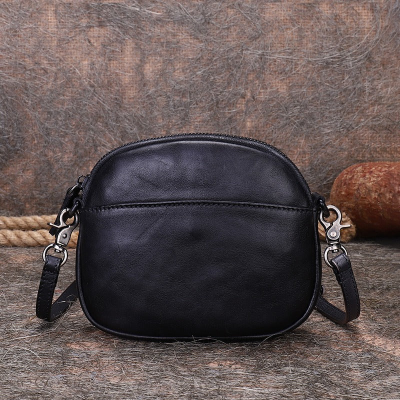 Vintage Small Leather Womens Round Green Shoulder Bag Handmade Around Crossbody Purse for Ladies