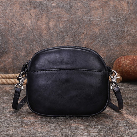 Vintage Small Leather Womens Round Shoulder Bag Handmade Around Crossbody Purse for Ladies