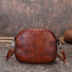 Vintage Small Leather Womens Round Brown Shoulder Bag Handmade Around Crossbody Purse for Ladies