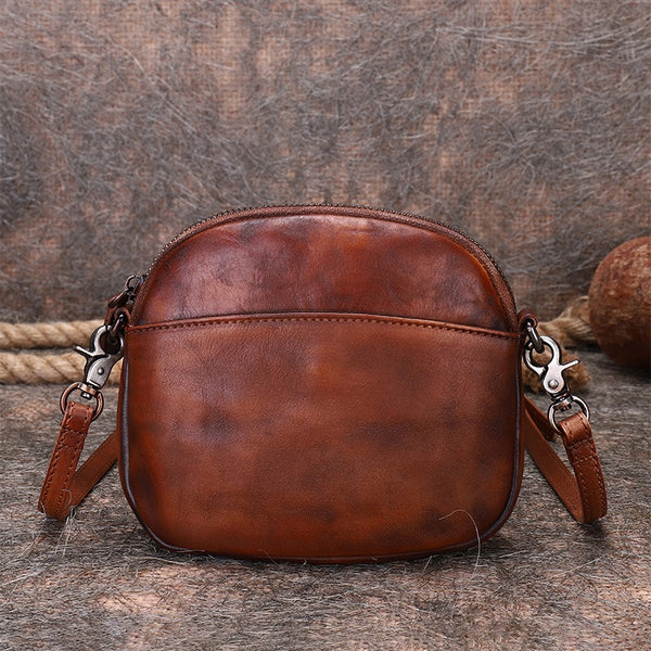 Vintage Small Leather Womens Round Shoulder Bag - Bill Slots Detail