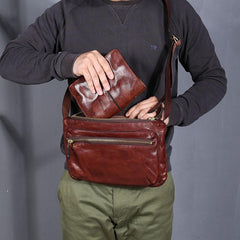 Vintage Black Leather Mens Cool Small Side Bag Messenger Bag Brown Postman Courier Bag for Men