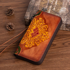 Vintage SunFlower Leather Wristlet Wallet Womens Flower Zip Around Wallets Flowers Ladies Zipper Clutch Wallet for Women