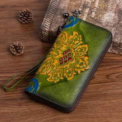 Vintage SunFlower Green Leather Wristlet Wallet Womens - Chain Detail