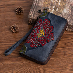 Vintage SunFlower Green Leather Wristlet Wallet Womens - Stitching Detail