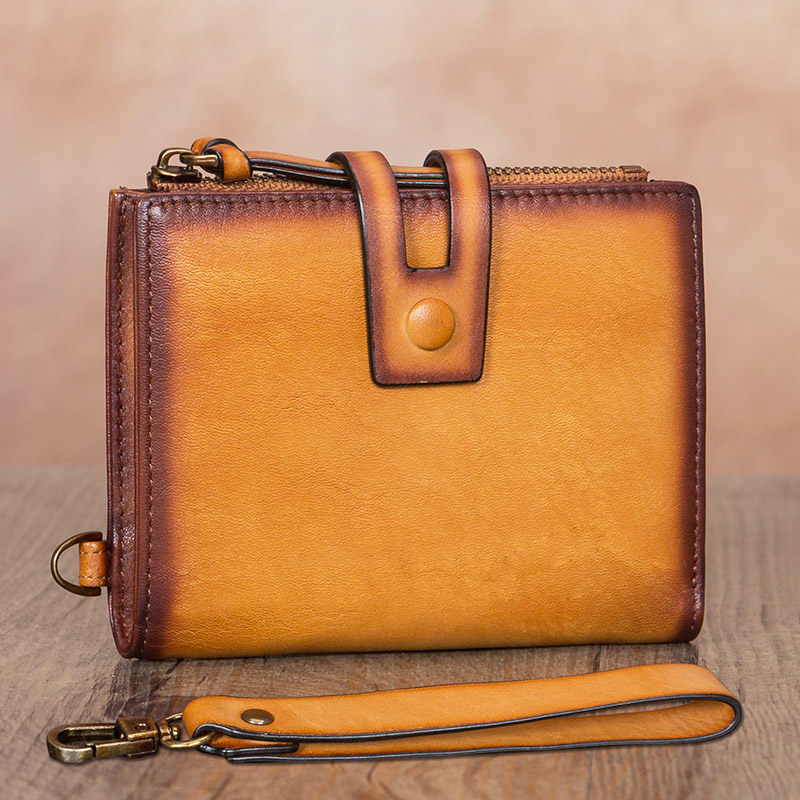 Vintage Tan Leather Small Wristlet Wallet Womens - Leather Texture Detail