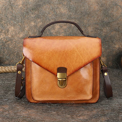 Vintage Tan Leather Womens Square Satchel Shoulder - Closure Detail