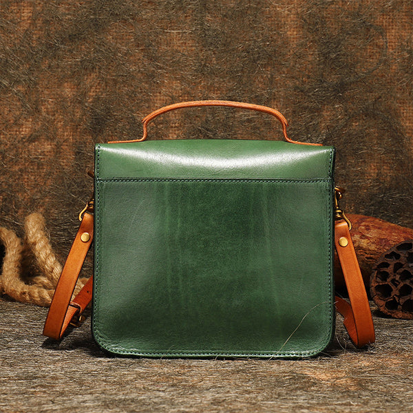 Vintage Blue Leather Womens Square Satchel Shoulder - Card Slots Detail