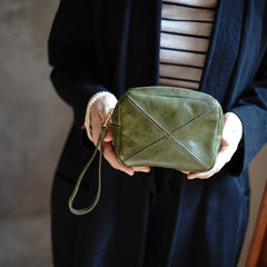 Vintage Green Leather Wristlet Wallet Zipper Clutch Wallet  Womens Tan Ladies Zip Around Wallets for Women