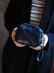 Vintage Navy Leather Wristlet Wallet Zipper Clutch Wallet Womens Tan Ladies Zip Around Wallets for Women