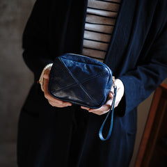 Vintage Navy Leather Wristlet Wallet Zipper Clutch Wallet Womens Tan Ladies Zip Around Wallets for Women