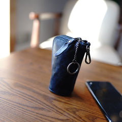 Vintage Women Blue Leather Zip Key Wallet Car Key Holder Coin Wallet Coin Pouch Change Wallet For Women