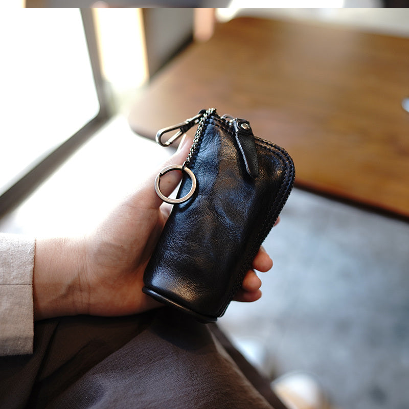 Vintage Women Black Leather Zip Key Wallet Car Key Holder Coin Wallet Coin Pouch Change Wallet For Women