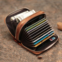 Vintage Women Coffee Leather Card Holders Small Double Zip Card Wallet Small Wallet For Women