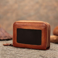 Vintage Women Brown Leather Card Holders Small Double Zip Card Wallet Small Wallet For Women