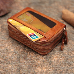 Vintage Women Red Leather Card Holders Small Double Zip Card Wallet Small Wallet For Women