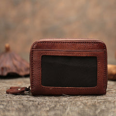 Vintage Women Brown Leather Card Holders Small Double Zip Card Wallet Small Wallet For Women