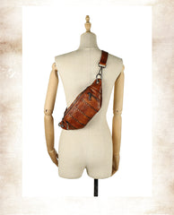 Vintage Women Brown Leather Rivet Waist Bag - Wallet Flat Lay