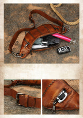Vintage Women Brown Leather Rivet Waist Bag - Front Open View