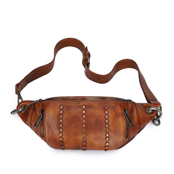 Vintage Women Leather Rivet Waist Bag Fanny - Bill Slots Detail