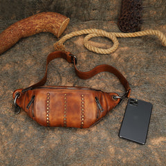 Vintage Women Brown Leather Rivet Waist Bag - Chain Detail