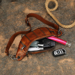 Vintage Women Coffee Leather Rivet Waist Bag Fanny Pack Handmade Shoulder Rivet Hip Packs for Women