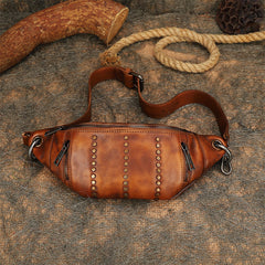 Vintage Women Brown Leather Rivet Waist Bag Fanny Pack Handmade Shoulder Rivet Hip Packs for Women