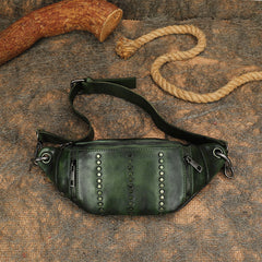 Vintage Women Coffee Leather Rivet Waist Bag Fanny Pack Handmade Shoulder Rivet Hip Packs for Women