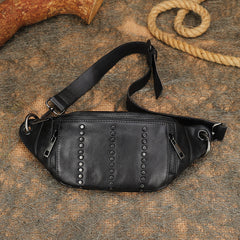 Vintage Women Coffee Leather Rivet Waist Bag Fanny Pack Handmade Shoulder Rivet Hip Packs for Women
