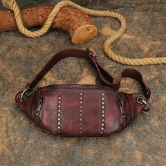 Vintage Women Brown Leather Rivet Waist Bag - Closure Detail