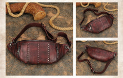Vintage Women Coffee Leather Rivet Waist Bag Fanny Pack Handmade Shoulder Rivet Hip Packs for Women