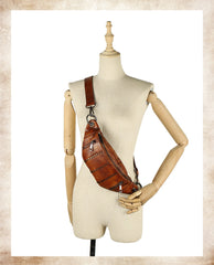 Vintage Women Brown Leather Rivet Waist Bag - Card Holder Detail