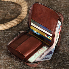 Vintage Women Brown Leather Small Wallet Zip Around Bifold Billfold Wallet with Coin Pocket For Women