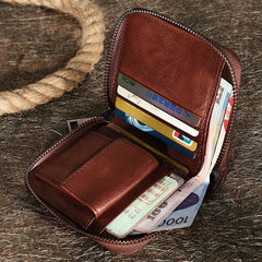 Vintage Women Gray Leather Small Wallet Zip Around Bifold Billfold Wallet with Coin Pocket For Women