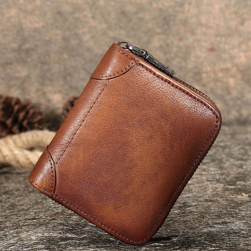 Vintage Women Brown Leather Small Wallet Zip Around Bifold Billfold Wallet with Coin Pocket For Women