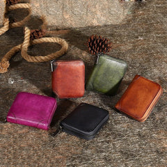 Vintage Women Green Leather Small Wallet Zip Around Bifold Billfold Wallet with Coin Pocket For Women