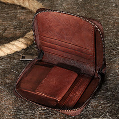 Vintage Women Tan Leather Small Wallet Zip Around Bifold Billfold Wallet with Coin Pocket For Women