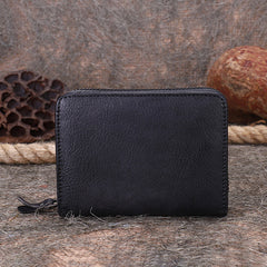 Vintage Women Black Gray Leather Small Wallet with Zip Around Card Holders Bifold Small Wallet Billfold For Women