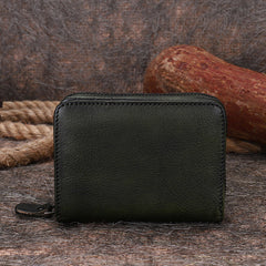 Vintage Women Green Leather Small Wallet with Zip Around Card Holders Bifold Small Wallet Billfold For Women