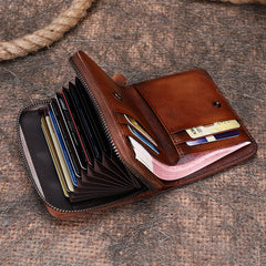 Vintage Women Red Leather Small Wallet with Zip Around Card Holders Bifold Small Wallet Billfold For Women