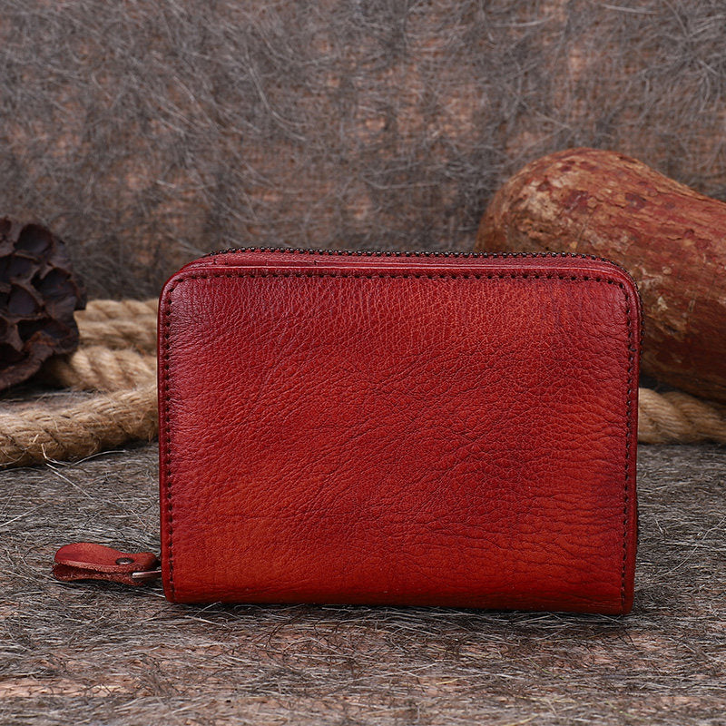 Vintage Women Red Leather Small Wallet with Zip Around Card Holders Bifold Small Wallet Billfold For Women