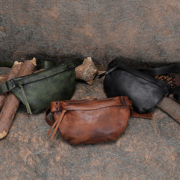 Vintage Women Leather Waist Bag Black Gray - Chain Detail