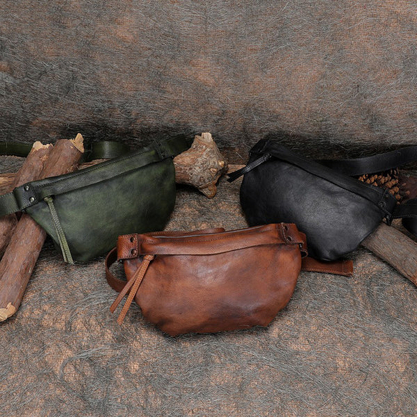 Vintage Women Leather Waist Bag Fanny Pack - Chain Detail
