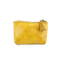 Vintage Women Mini Yellow Leather Zip Coin Pouch Small Coin Wallet Change Wallet For Women
